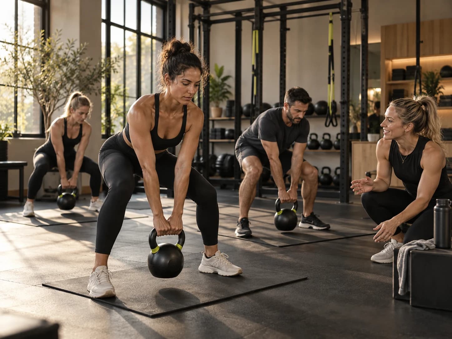 A small group works through a coached kettlebell exercise.