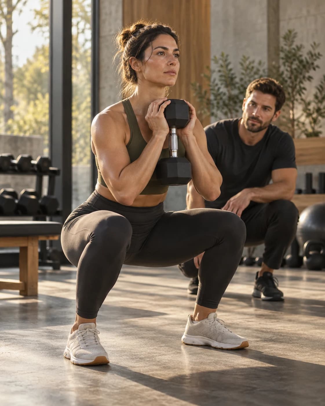 A participant practices a dumbbell squat with a coach nearby.