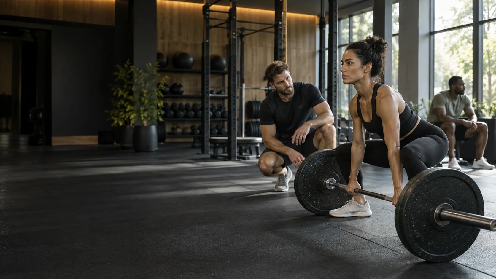 A fictional coach guides a member lifting a barbell in the Practice studio.